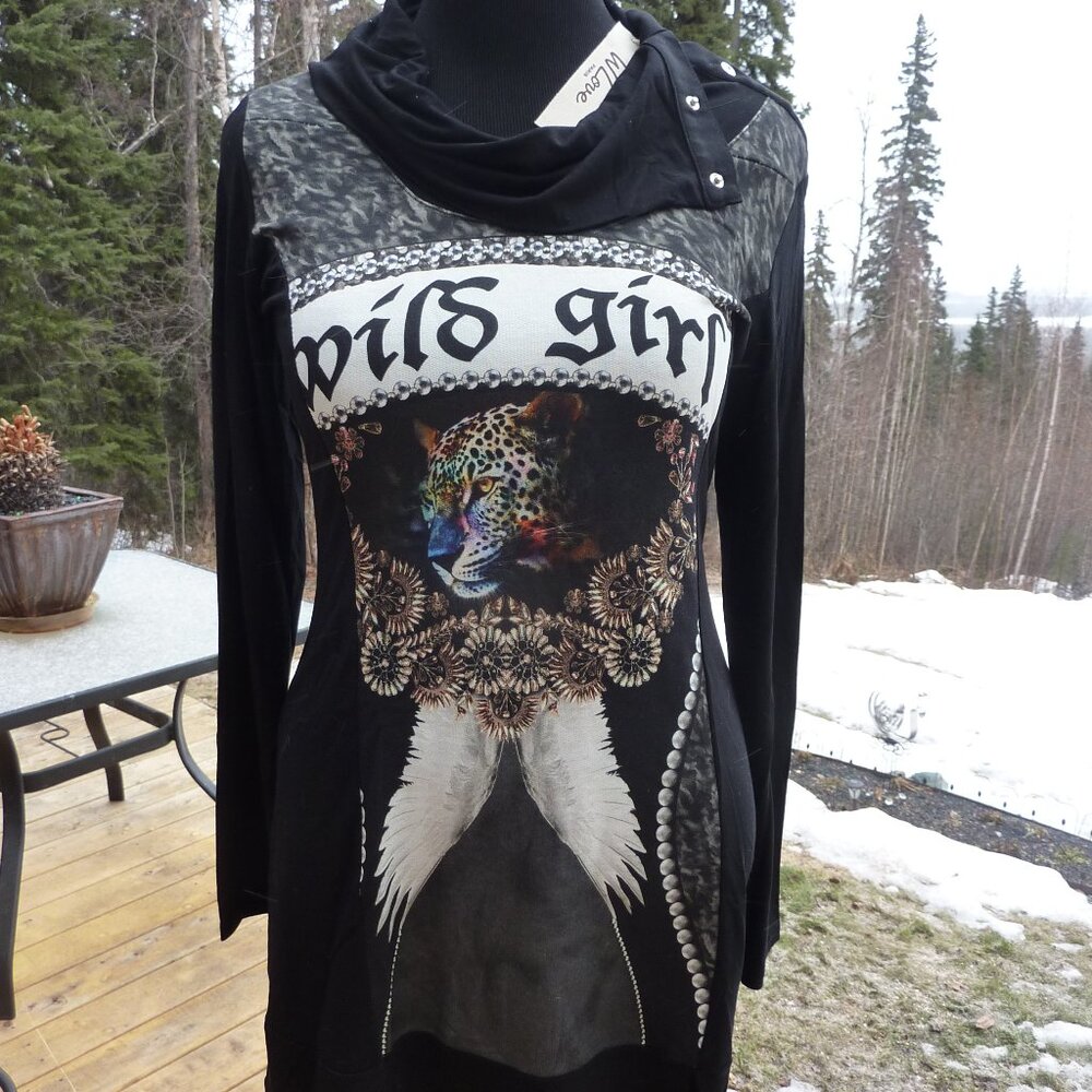 WLOVE PARIS WILD GIRL GOTH QUIRKY BLACK FASHION TUNIC MINI DRESS GYPSY M L 44